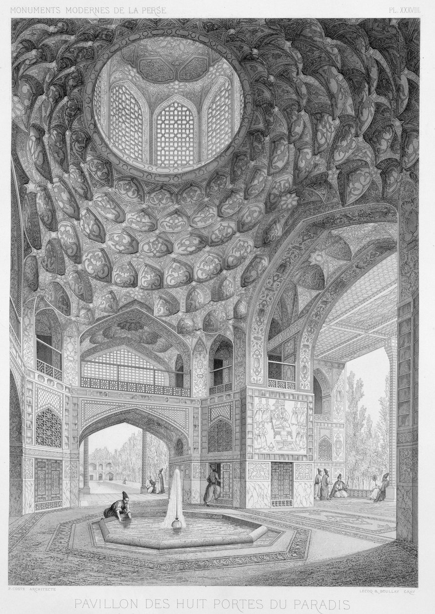 Pavilhão dos Oito Paraísos, em Isfahan, de &39;Voyage Pittoresque&39; of Persia, gravado por Horace Lecoq (1802-97) e Boullay, publicado por Lemercier, Paris, 1856 de Pascal Xavier Coste