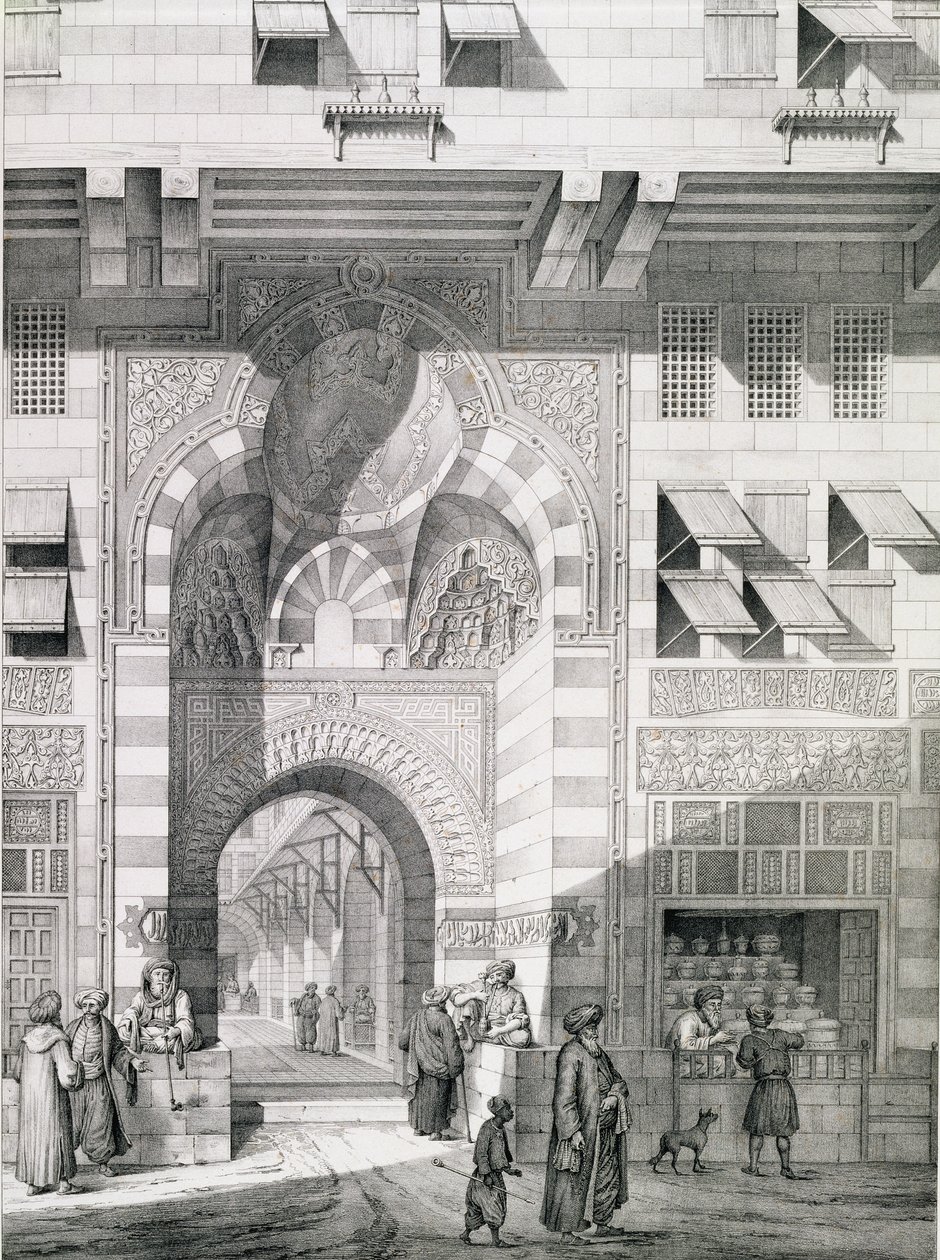 Vista da porta de Okal Kaid-Bey, de &39;Monumentos e edifícios do Cairo&39;, gravada por Emile Edmond Olivier (1800-64) publicado por Letronne, Paris, 1829 de Pascal Xavier Coste