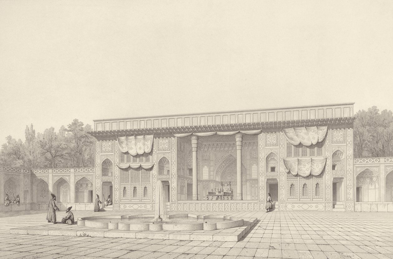 Pavilhão do Trono, em Teerã, de Voyage Pittoresque of Persia, gravado por Claude Sauvageot (1832-85) publicado por Lemercier, Paris, 1856 de Pascal Xavier after Coste