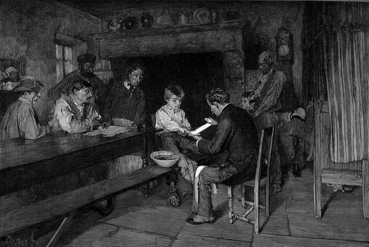 O acidente (1879): um médico cura a lesão de um jovem camponês. Gravura após a pintura de Pascal Dagnan-Bouveret (Dagnan Bouveret) (1852-1929). Em "O Mundo Ilustrado" n°1208 de 22 de maio de Pascal Adolphe Jean Dagnan Bouveret