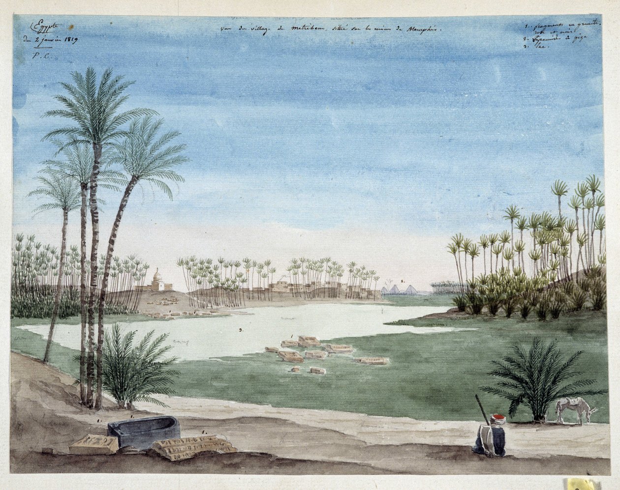 Egito: Vista da vila de Metriham perto de Memphis. 1819 Desenho de Pascal Coste (1787-1879) Museu de Arqueologia do Mediterrâneo, Marselha de Pascal Xavier (after) Coste