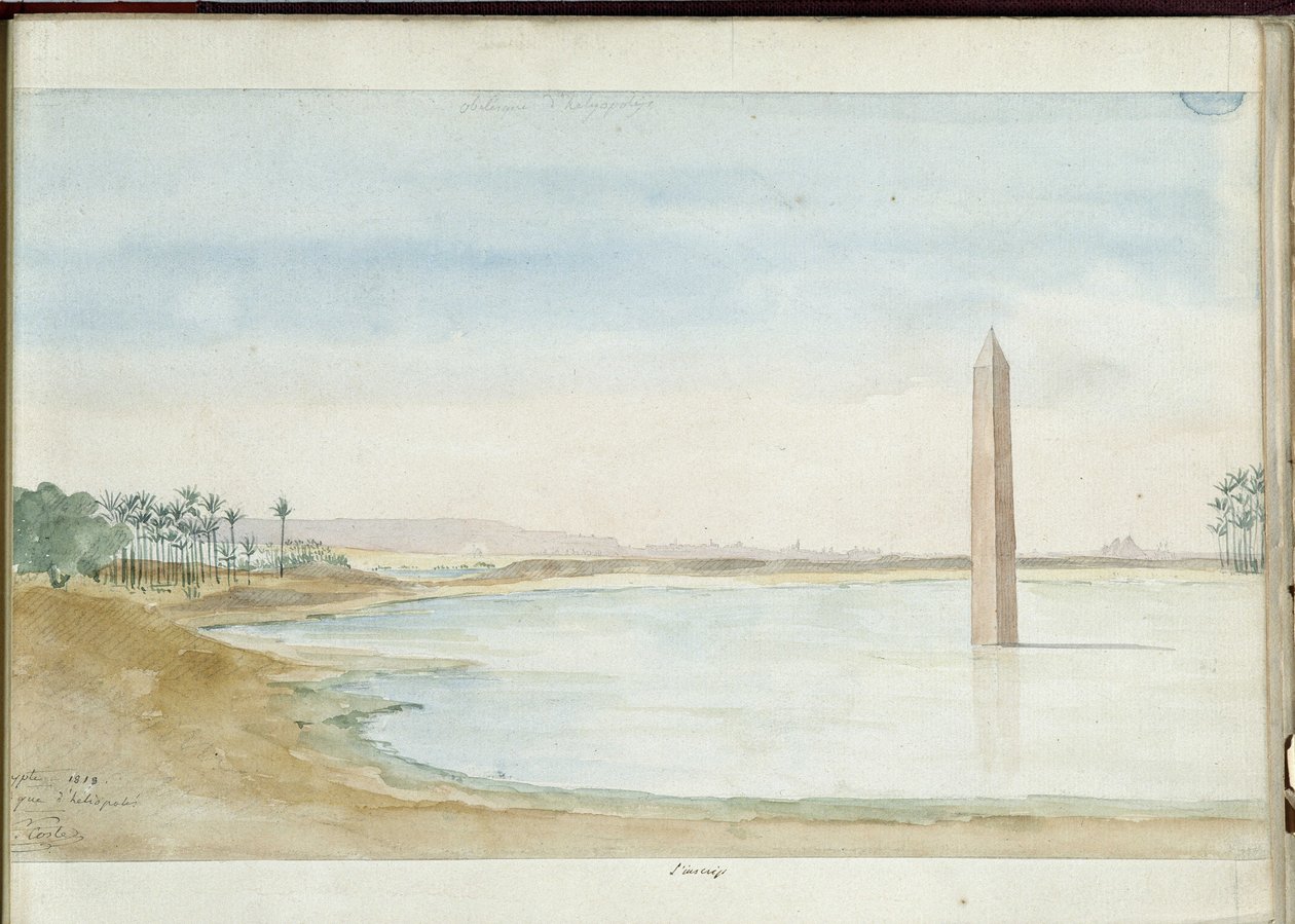 Vista do Nilo e Obelisco de Sesostris I em Heliopolis, Egipto. Aguarela de Pascal Coste (1787-1879). Biblioteca Municipal de Marselha de Pascal Xavier (after) Coste