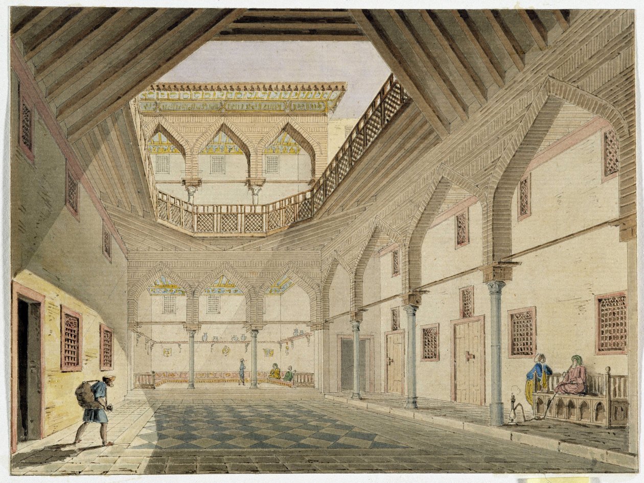 Vista do interior de um caravanserail, casa de Azir Osman Agha. Aguarela de Pascal Coste (1787-1879) Museu de Arqueologia Mediterrânica, Marselha de Pascal Xavier (after) Coste