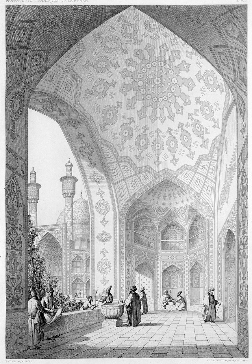 O Vestíbulo da Entrada Principal da Medrese-i-Shah-Hussein, Isfahan, placa 21 de "Monumentos Modernos da Pérsia", gravada por Claude Sauvageot (1832-85) e Maurage, 1856 de Pascal Xavier Coste