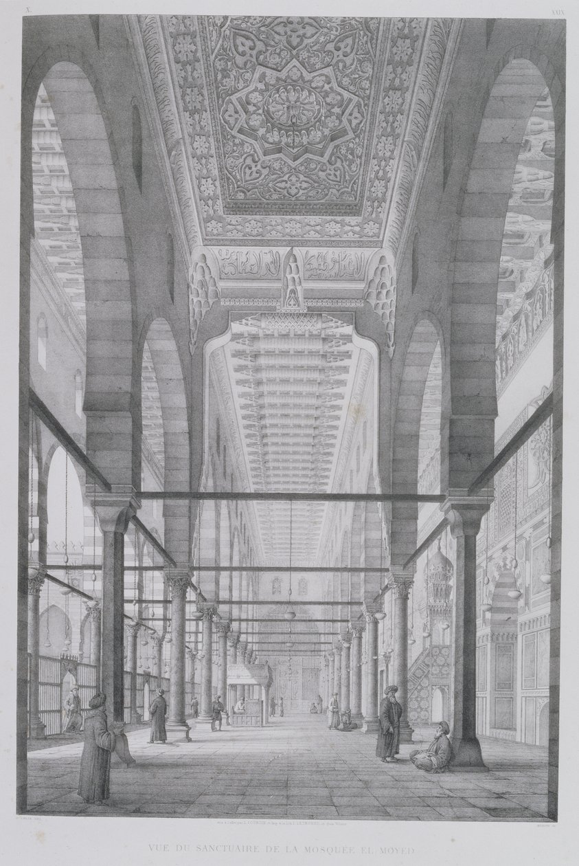 Vista do Santuário da Mesquita de Moyed, placa 29 de &39;Monumentos e edifícios do Cairo&39;, gravada por Auguste Hibon (1780-1857) 1829 de Pascal Xavier Coste