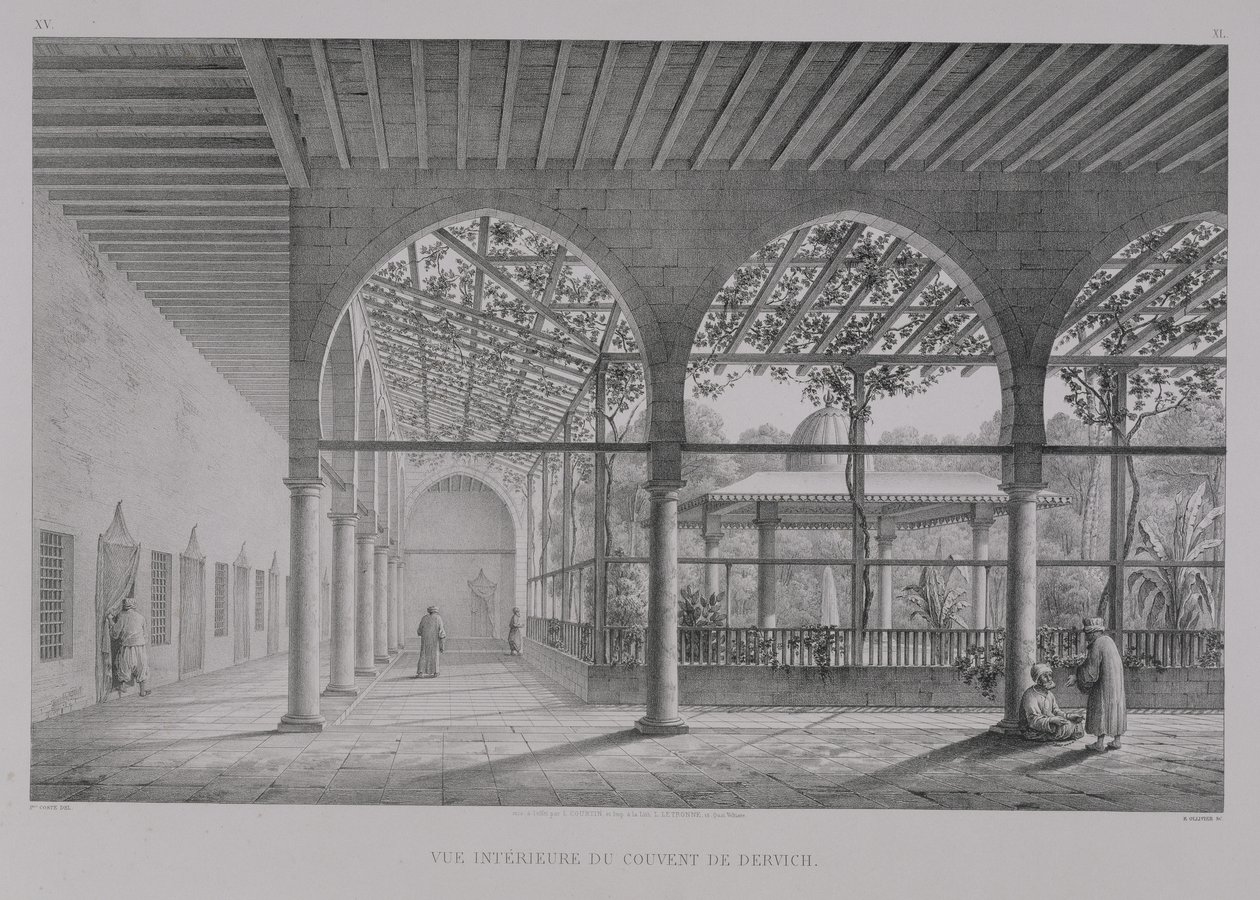 Vista do interior do Convento Dervixe, no Cairo, de &39;Monumentos e edifícios do Cairo&39;, gravado por Emile Edmond Ollivier (1800-64) publicado por Letronne, Paris, 1829 de Pascal Xavier Coste