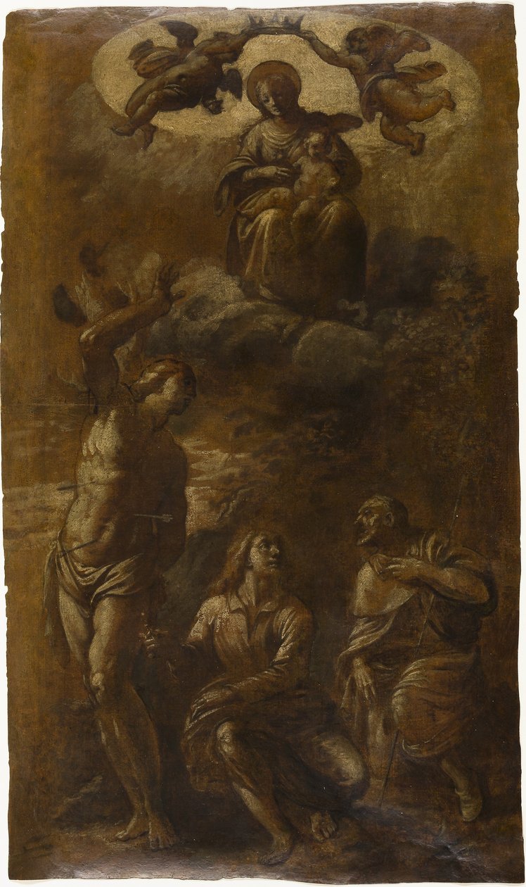 Virgem e Menino na Glória com os Santos Sebastião, João Evangelista e Roch, c.1610 (óleo com grafite (envernizado) sobre papel creme) de Pasquale Ottino