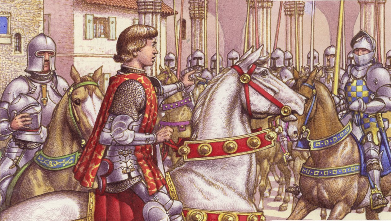 Lorenzo de Medici passa em revista os soldados leais na Piazza di Signoria, em Florença (guache sobre papel) de Pat (1907 95) Nicolle