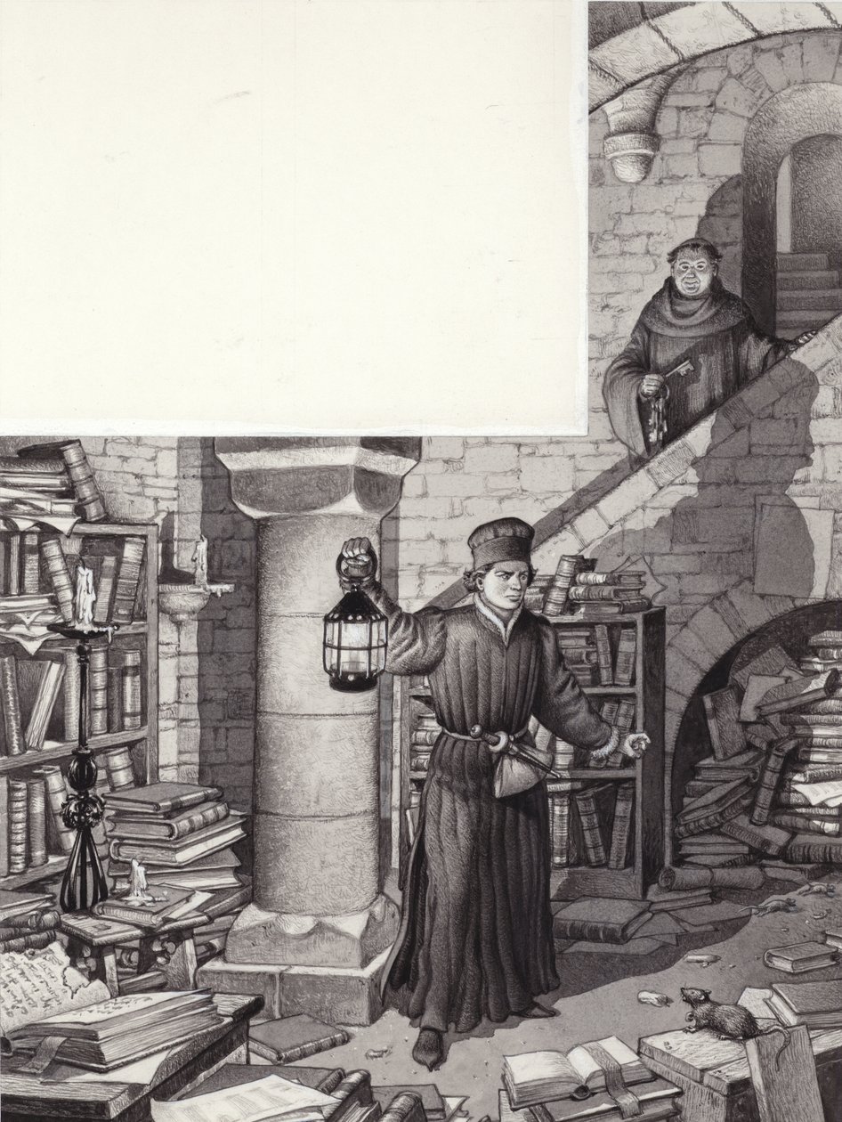 Poggio Bracciolini na biblioteca abandonada do mosteiro de São Galo (guache sobre papel) de Pat (1907 95) Nicolle