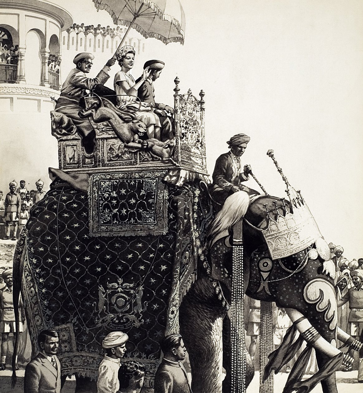 A Rainha Isabel II num elefante (guache) de Pat (1907 95) Nicolle