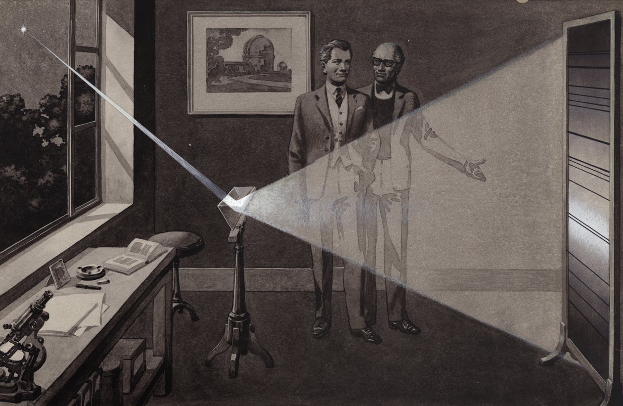 A luz de uma estrela incide num prisma, dividindo-se num arco-íris de cores (guache sobre papel) de Pat (1907 95) Nicolle