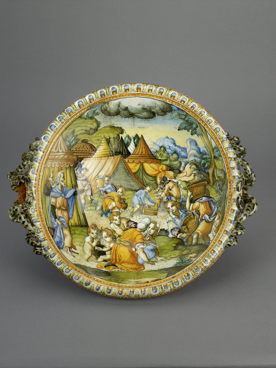 Bacia com o ajuntamento do maná, provavelmente Urbino, c.1600-20 (maiolica) de Patanazzi Workshop