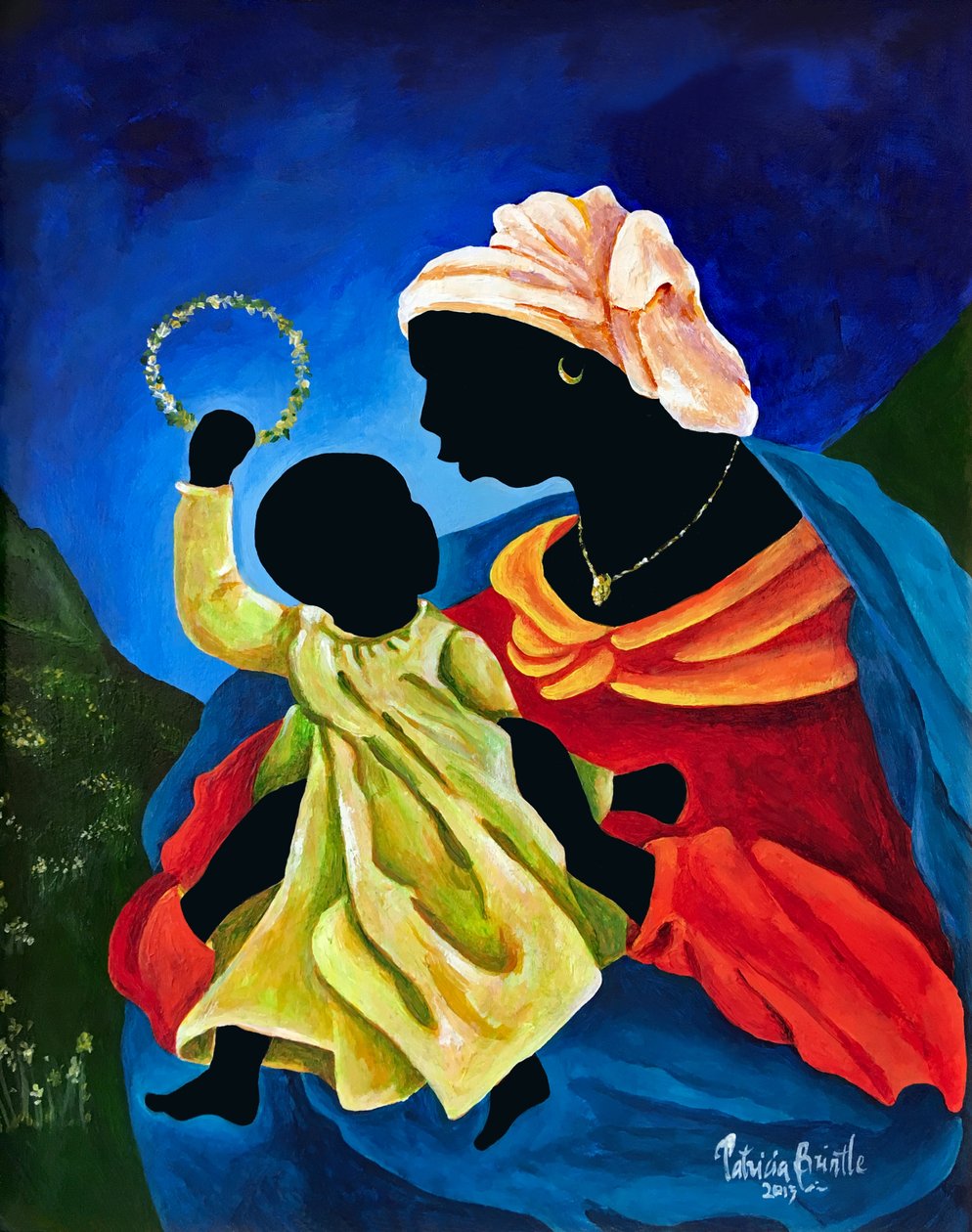 Madonna e criança com coroa de flores, 2015 (acrílico em masonite) de Patricia Brintle