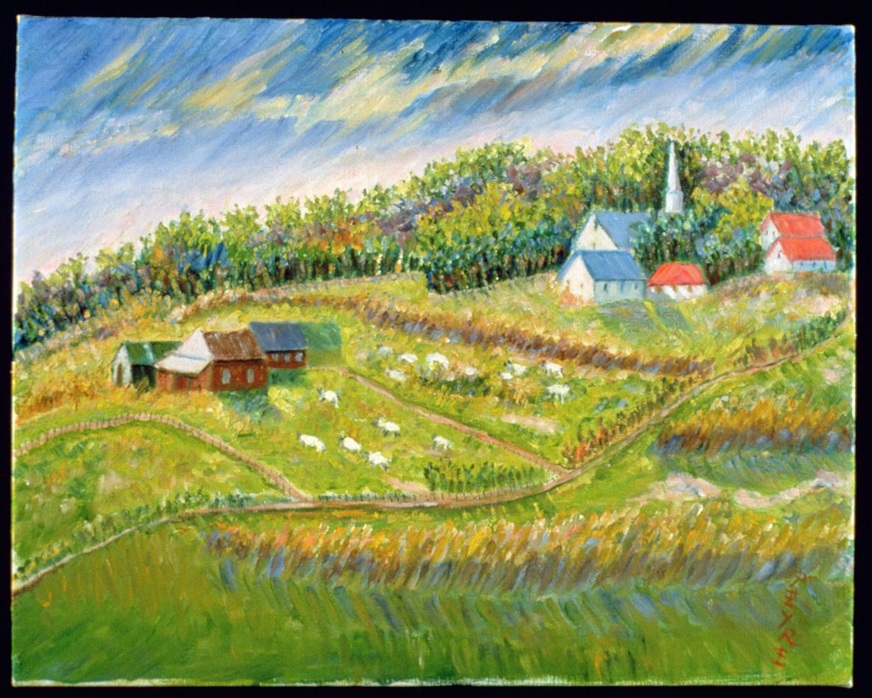 Fazenda com ovelhas, Les Eboullement (óleo sobre linho da Bélgica) de Patricia Contemporary Artist Eyre