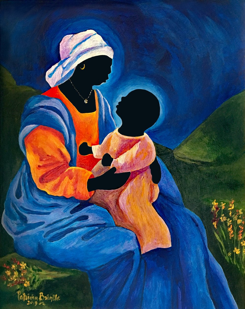 Madonna e criança colhendo flores, 2018 (acrílico sobre masonite) de Patricia Brintle