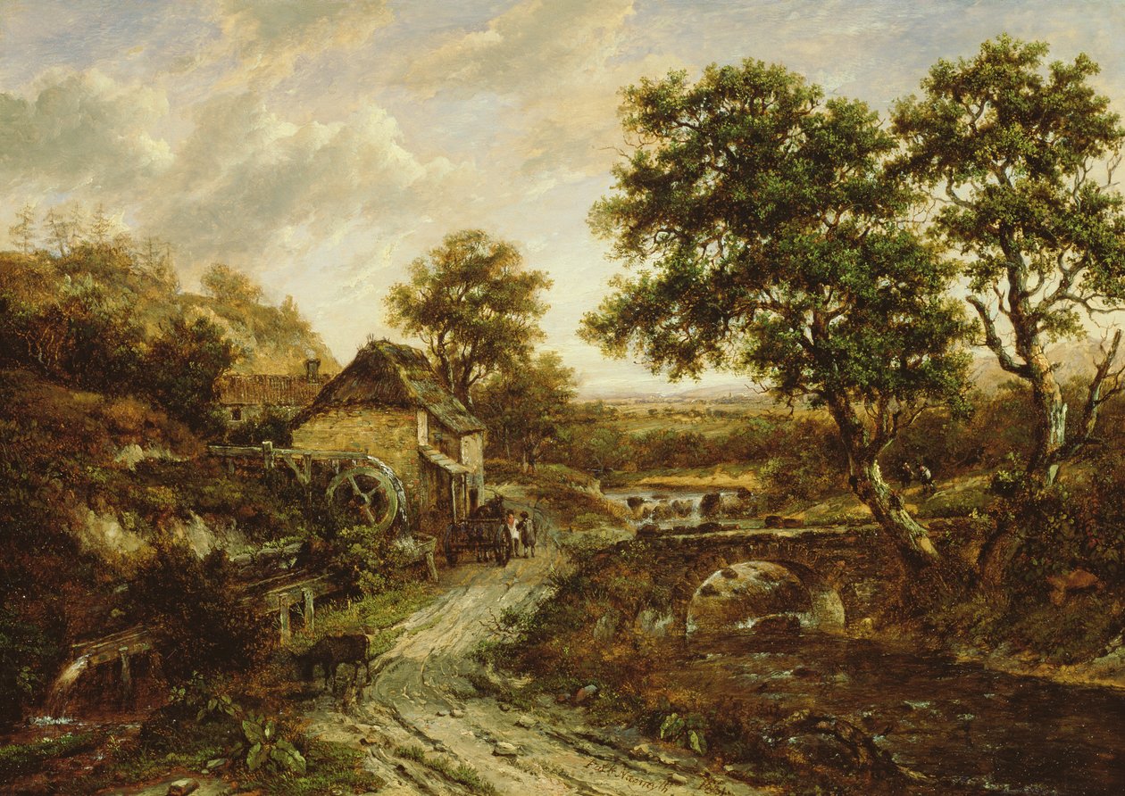 Moinho de pederneira na paisagem com queda de água, 1831 de Patrick Nasmyth