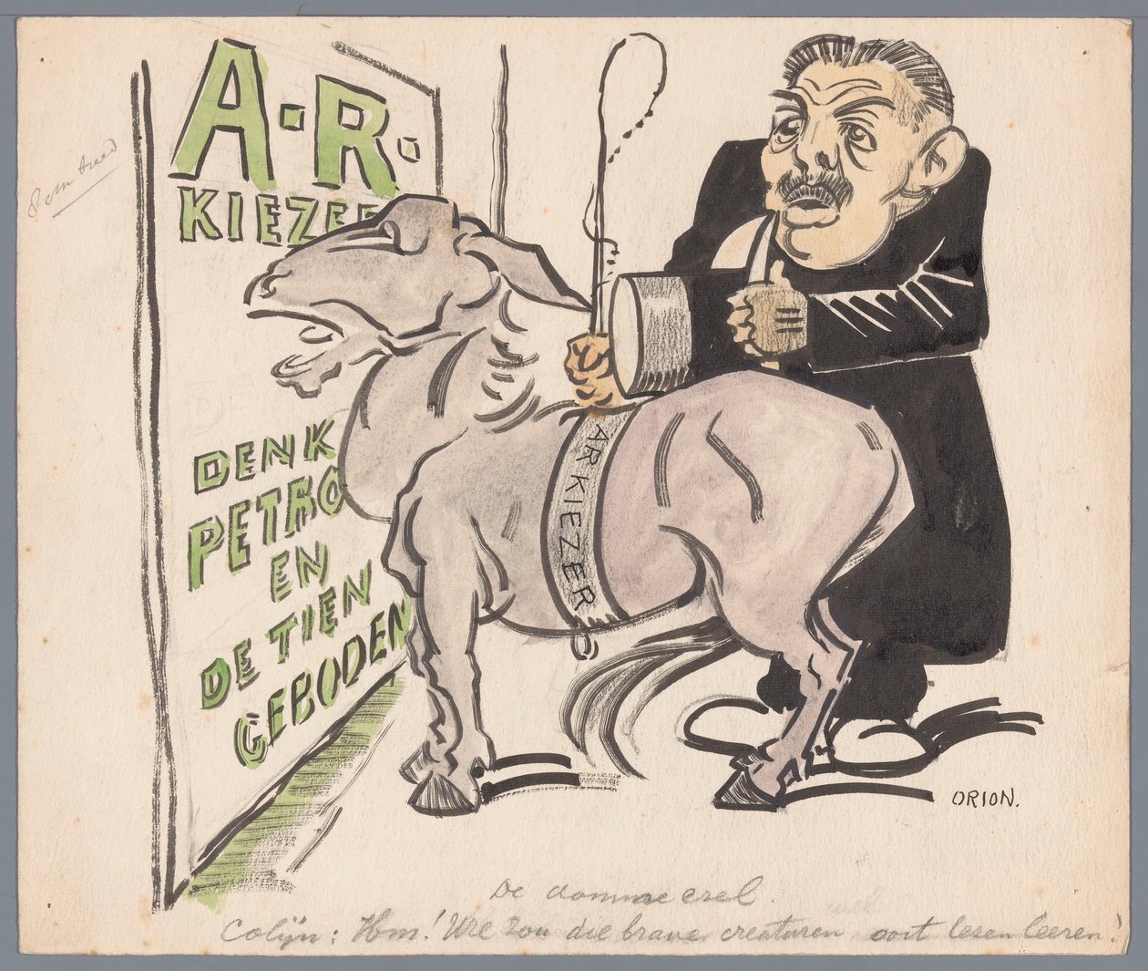 Colijn com o eleitor anti-revolucionário como burro The Dumb Ass (título no objeto) de Patricq Kroon (signed by artist)