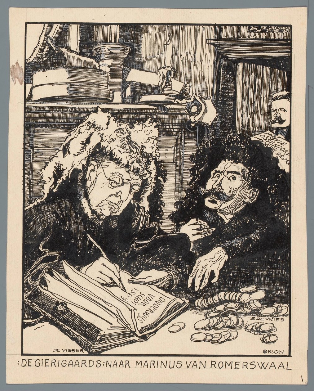 Os Ministros De Visser e Simon de Vries como cobradores de impostos
De Gierigaards: depois de Marinus van Romerwaal (título sobre o objecto) de Patricq Kroon (signed by artist)