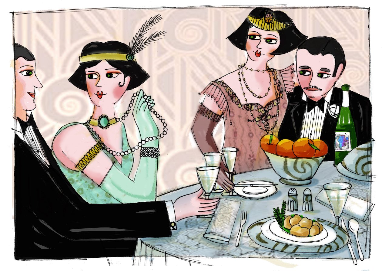 Ilustração de um jantar mundano em "Gatsby, o Magnífico" do escritor americano Francis Scott Fitzgerald (1896-1940) (O Grande Gatsby) Desenho de Patrizia Laporta de Patrizia La Porta