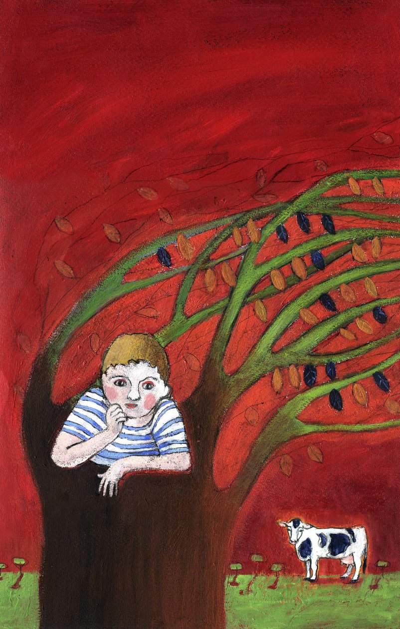 A solidão de uma criança órfã, sozinha numa árvore, o vento nos ramos Ilustração 2013 de Patrizia La Porta
