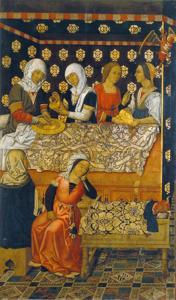 O nascimento de Santo Estêvão - O Nascimento de Santo Estêvão - Pintura da família Vergos (ativo no final do século XV) - c. 1495 - Têmpera sobre painel - 200x123,2 - Museu Nacional d