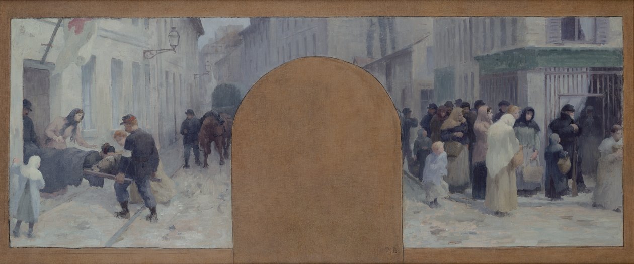 Transportando o ferido para a ambulância e a fila em frente a uma loja (tela a óleo) de Paul Albert Baudouin