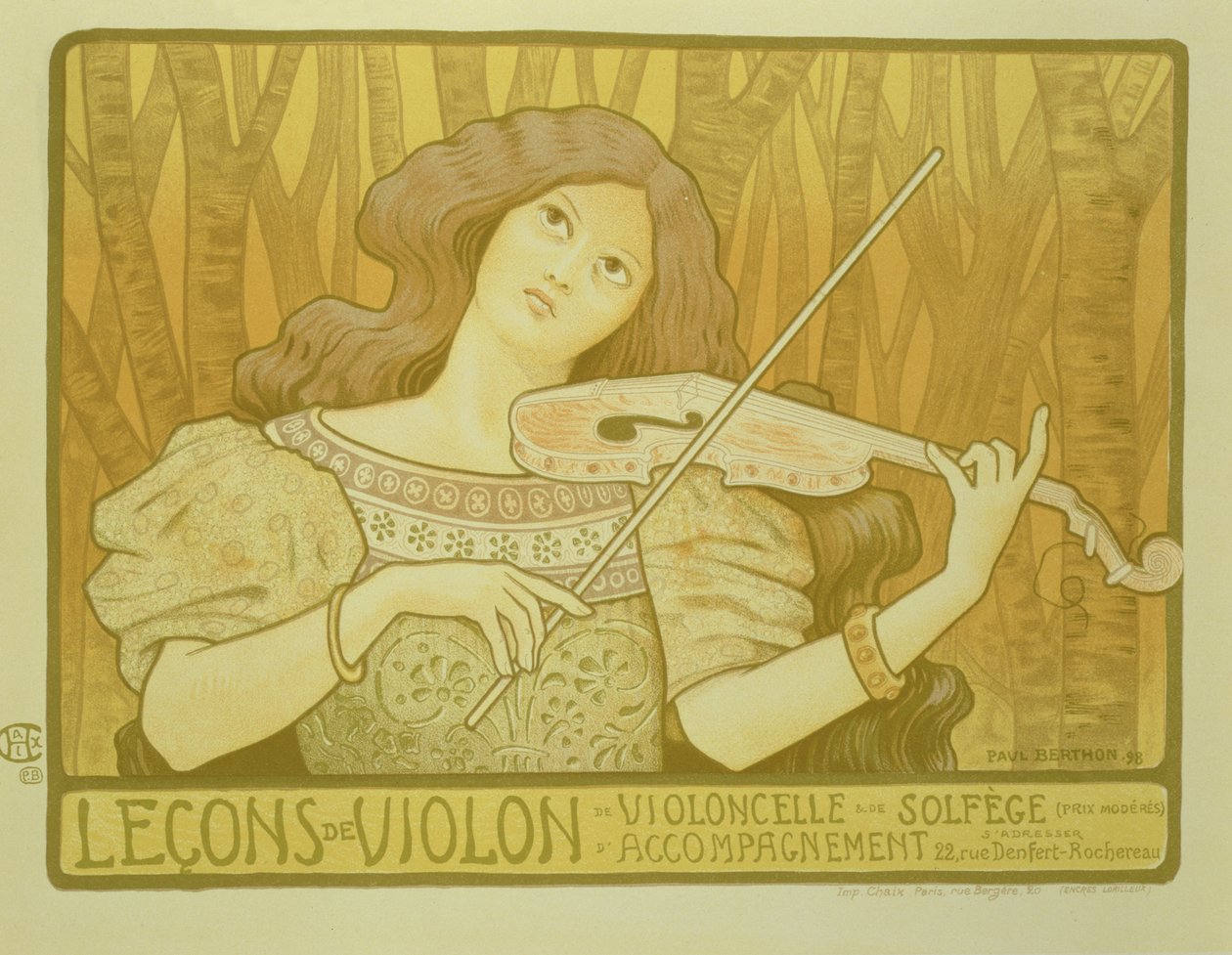 Reprodução de um cartaz publicitário "Lições de Violino", Rue Denfert-Rochereau, Paris, 1898 de Paul Berthon