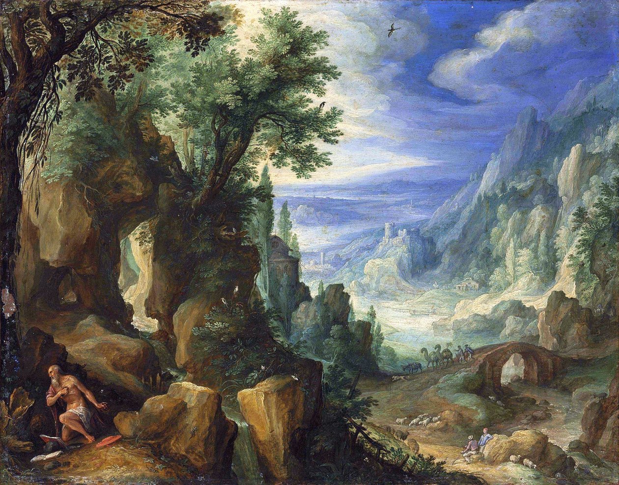 paisagem com São Jerônimo e penhasco rochoso de Paul Brill