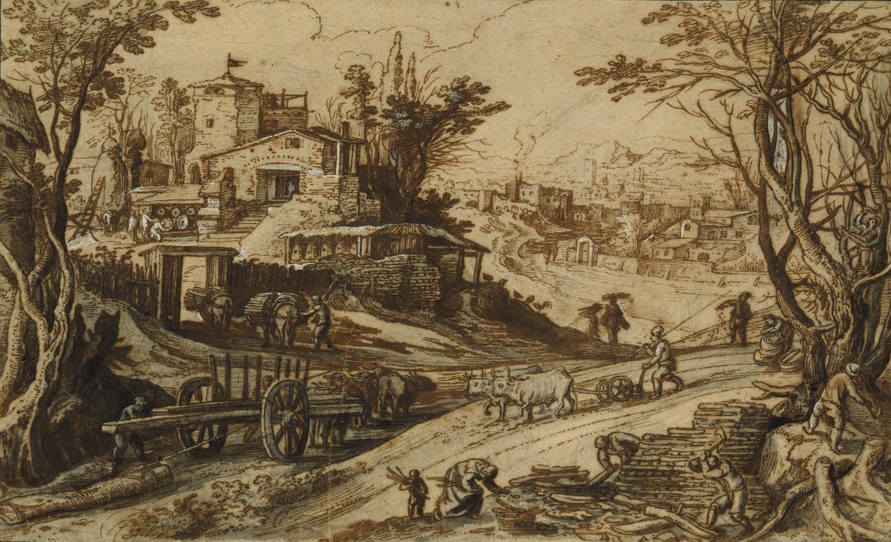 Janeiro: cortadores de madeira em uma paisagem de inverno de Paul Bril