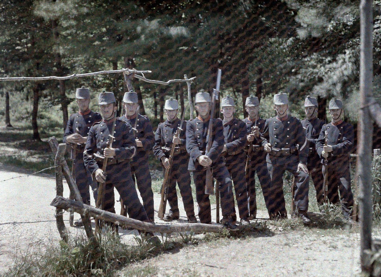 Um grupo de guardas de fronteira suíça atrás de uma cerca entre a Suíça e a França, departamento Haut-Rhin, Alsácia, França, 19 de junho de 1917 (autocrômico) de Paul Castelnau