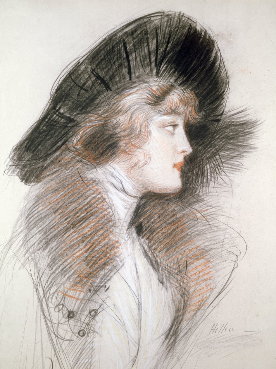 Cabeça de uma mulher elegante (lápis e giz colorido) de Paul Cesar Helleu