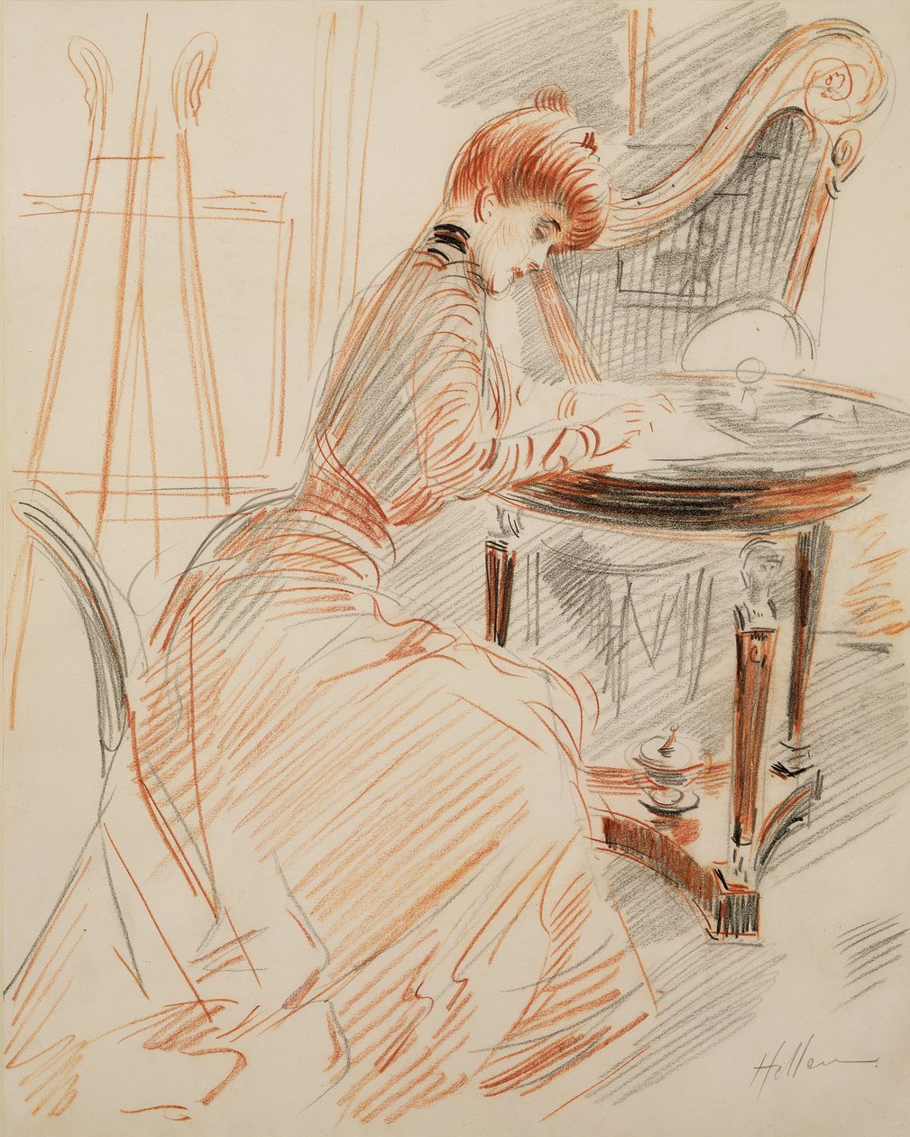 Madame Helleu Writing (lápis vermelho e carvão) de Paul Cesar Helleu