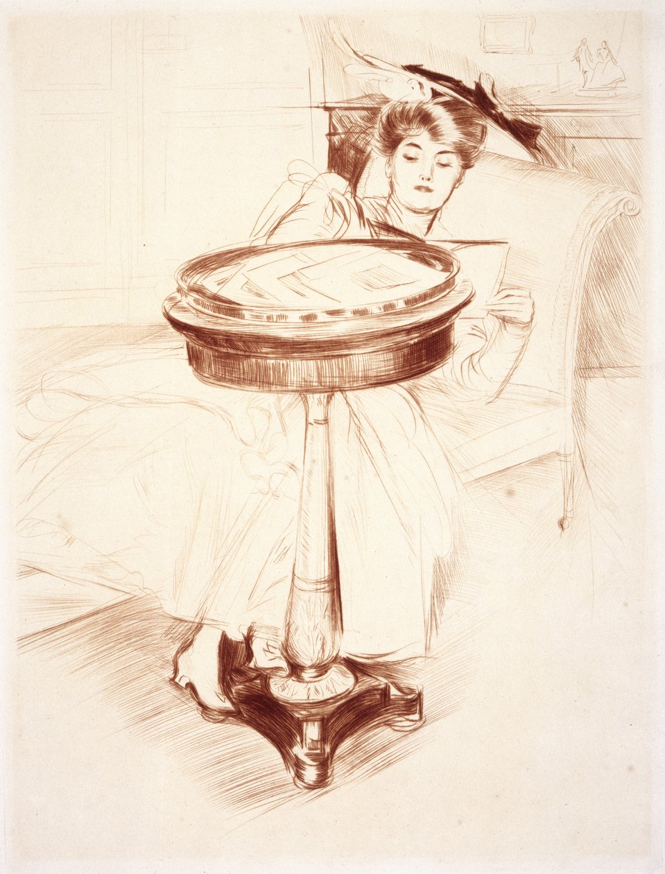 Mulher lendo, c.1895 (drypoint no papel) de Paul Cesar Helleu
