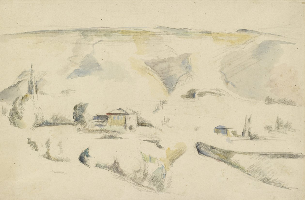 Recto: Uma vista através de um vale (grafite e aguarela sobre papel branco) de Paul Cézanne