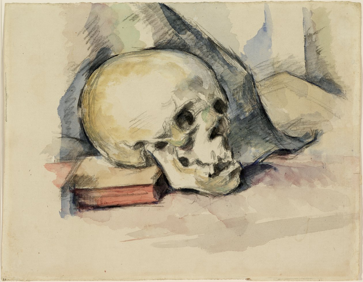 Crânio e Livro, c.1885 (wc sobre giz preto sobre papel) de Paul Cézanne