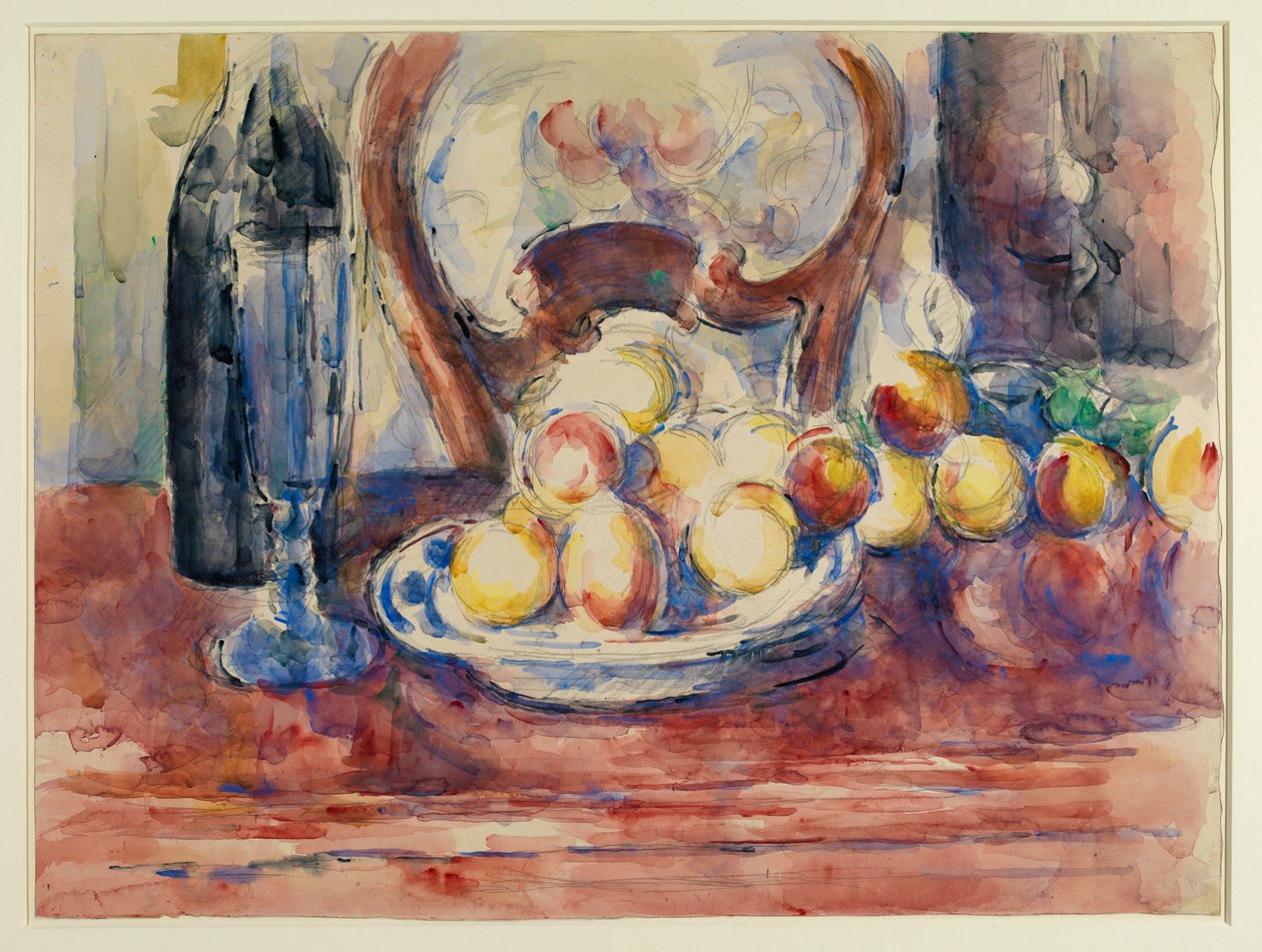 Ainda vida com maçãs, garrafa e Chairback, do século XIX (lápis e guache sobre papel) de Paul Cézanne