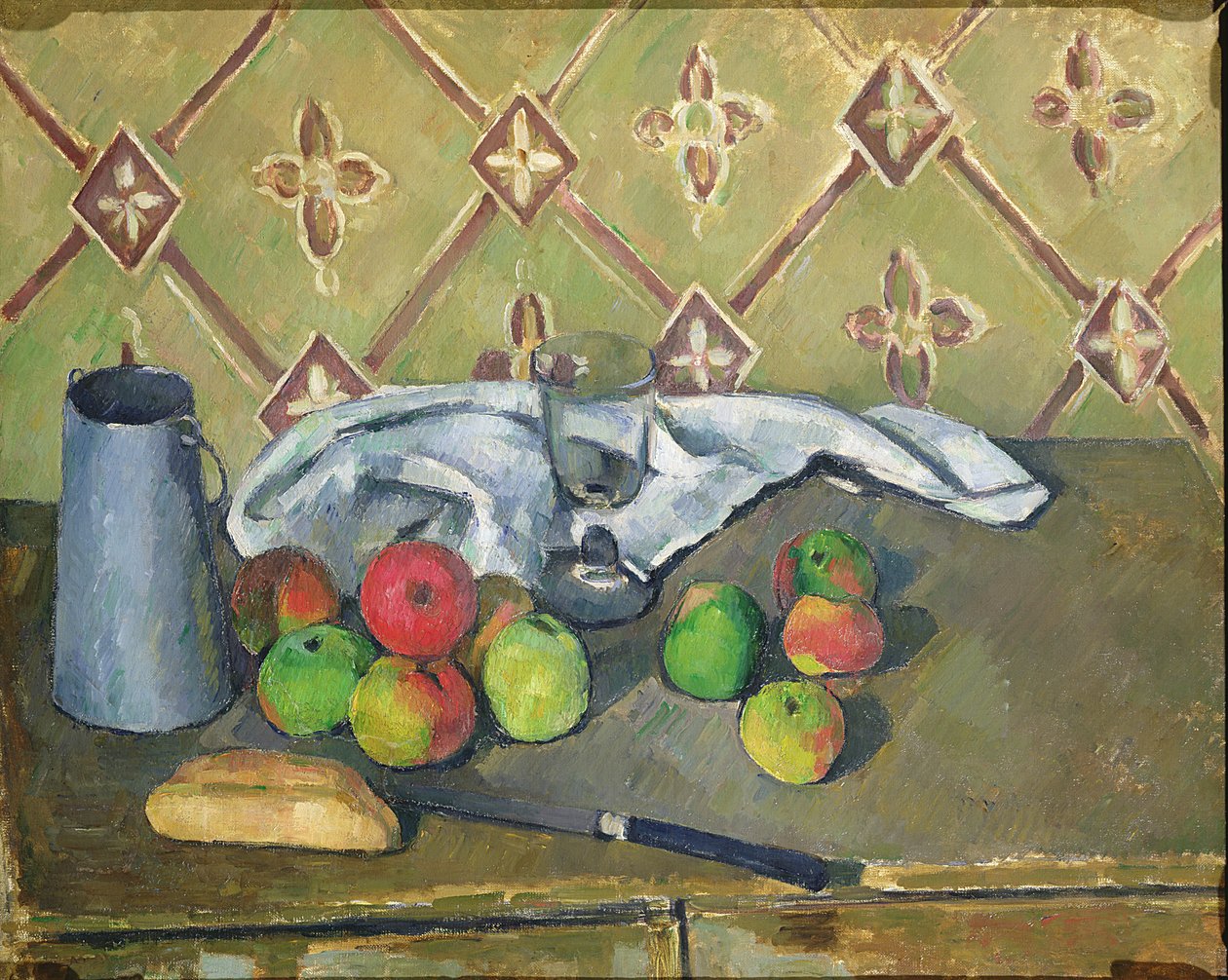Fruta, guardanapo e jarro de leite, c.1879-82 de Paul Cézanne