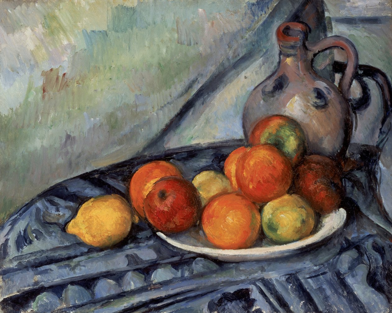 Fruta e um jarro em uma mesa de Paul Cézanne