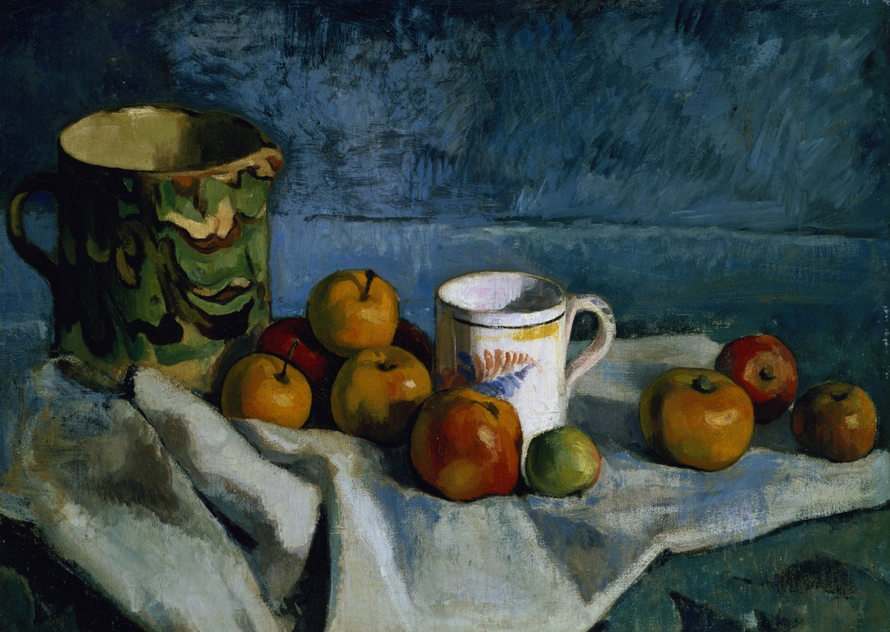 Ainda vida com maçãs, copo e jarro de Paul Cézanne