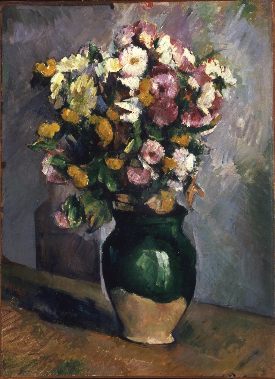 Ainda vida com flores em um pote de azeitona de Paul Cézanne