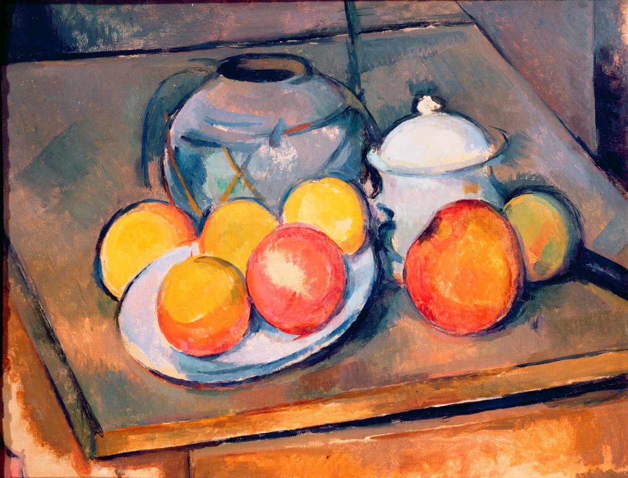 Vaso coberto de palha, açucareiro e maçãs, 1890-93 (ver também 287555) de Paul Cézanne