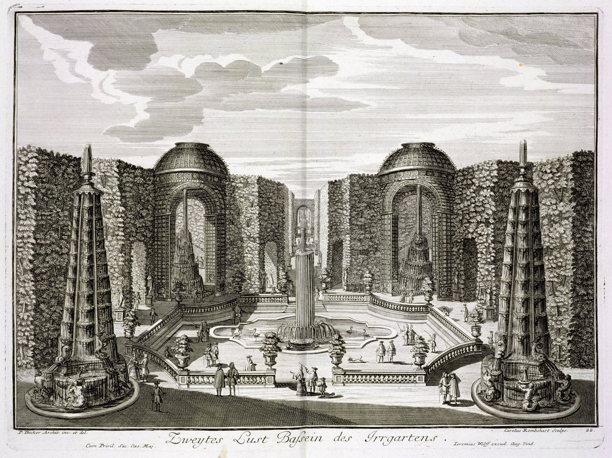 A fonte no labirinto do Palácio de Prazer principesco e jardins, Berlim, gravado por Karl Remshard (1678-1735), publicado c.1711-16 de Paul Decker