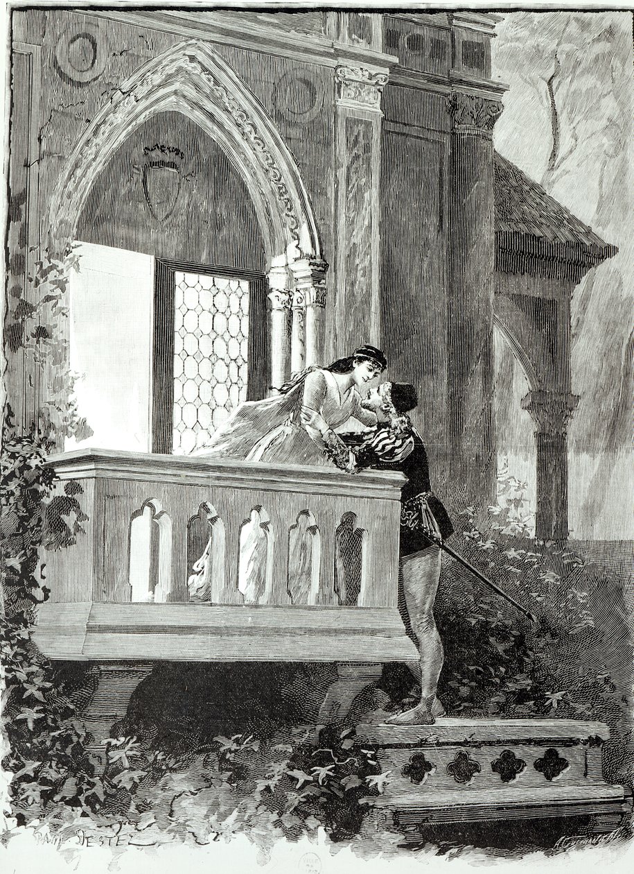 Cena do Ato II de Romeu e Julieta, apresentada no Teatro Nacional da Ópera, 1888 de Paul Destez