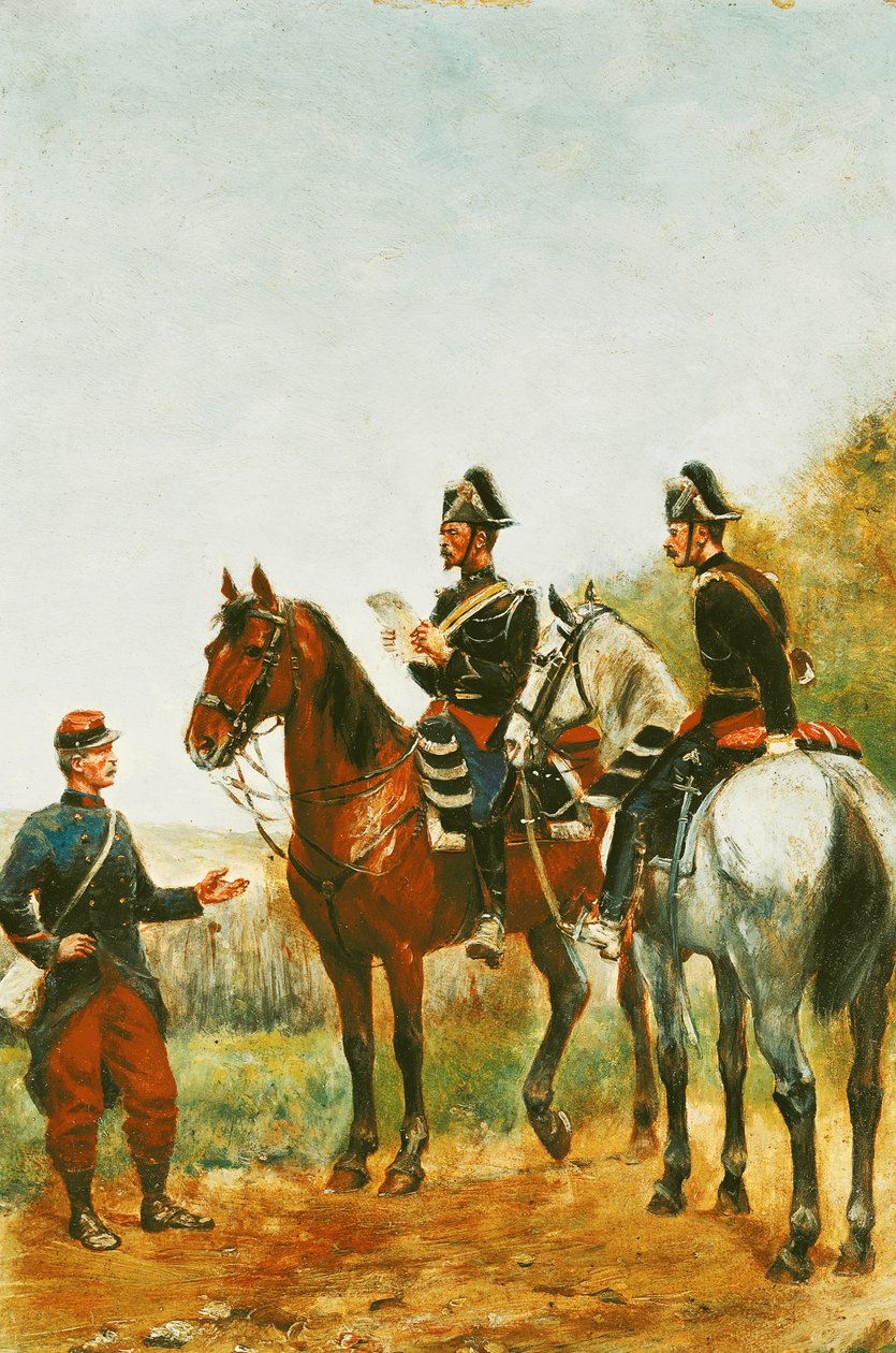 Policiais em uma excursão de inspeção Verificando um militar em 1885 de Paul Emile Leon Perboyre