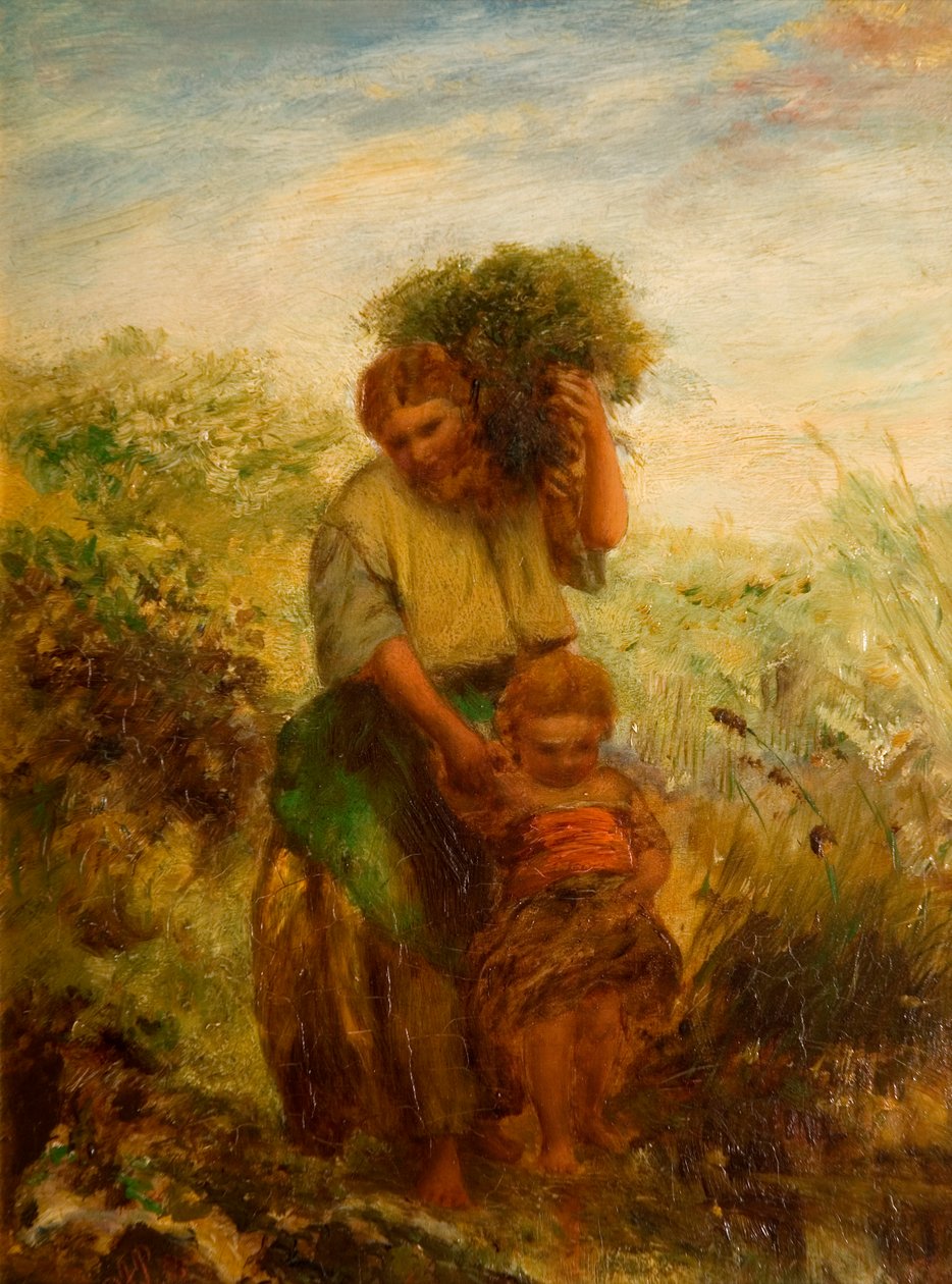 Recolhimento do Gorse - criança que cruza o córrego da montanha, 1855 de Paul Falconer Poole