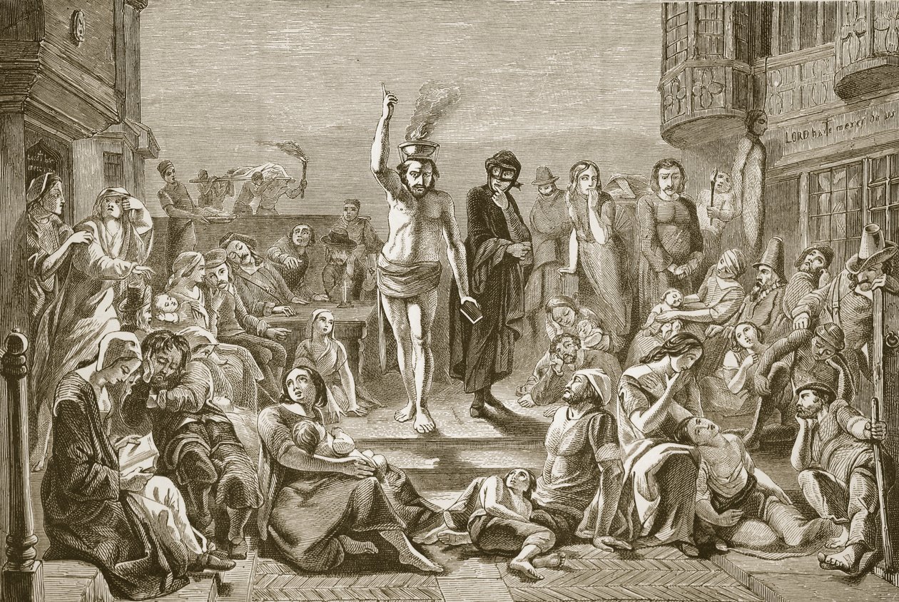 Salomão Águia pregando durante a praga de Londres, gravada por J. und GP Nicholls de Paul Falconer Poole