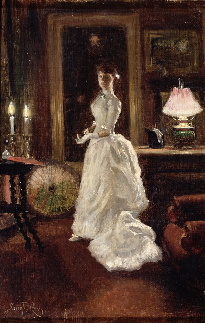 Cena interior com uma senhora em um vestido de noite branco de Paul Fischer
