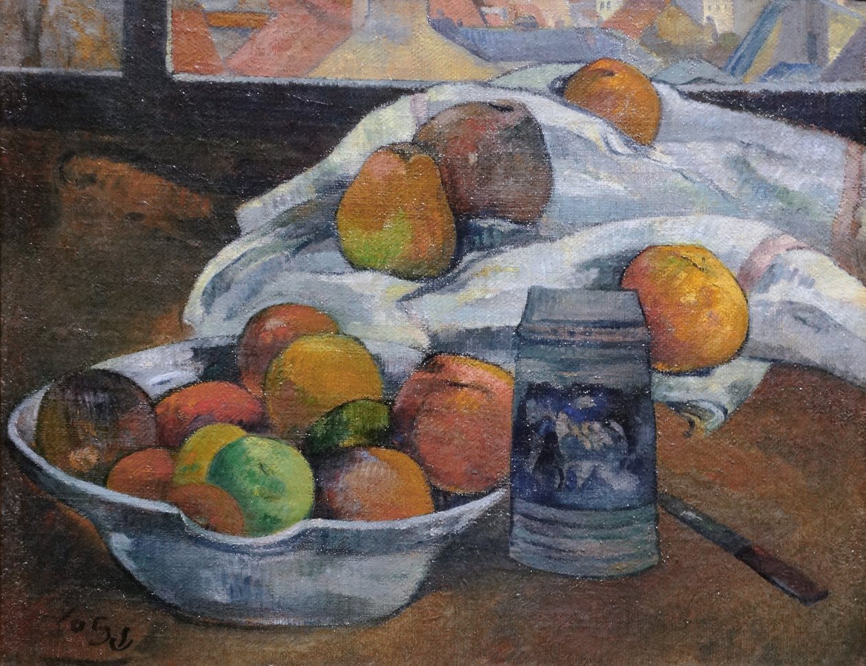 Taça de frutas e caneca antes de uma janela, c.1890 de Paul Gauguin