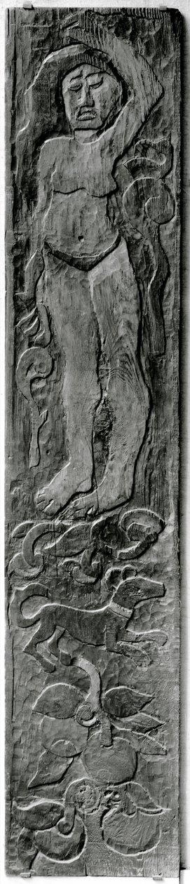 Painel vertical esculpido da moldura da porta da residência final de Gauguins em Atuona em Hiva Oa (Ilhas Marquesas), 1902 (sequóia) de Paul Gauguin