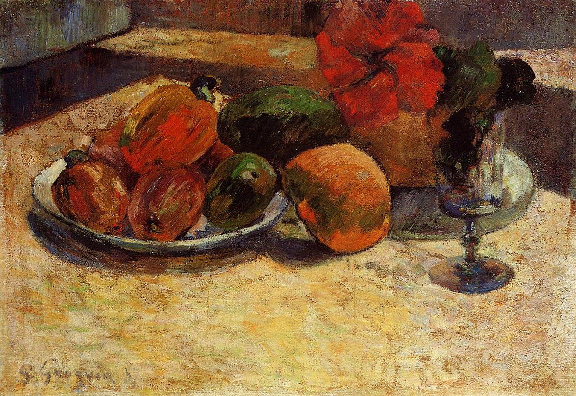 Frutas exóticas com flores vermelhas de Paul Gauguin